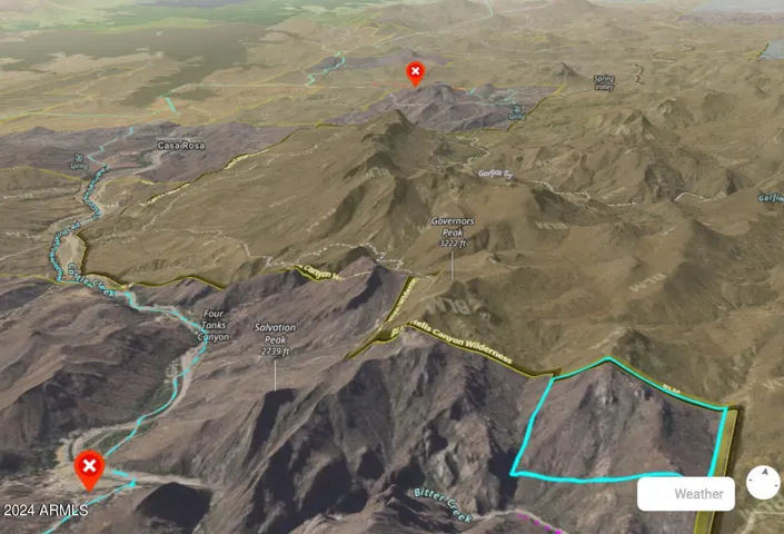 Upper left corner is Lake Pleasant, lower left red marker is Castle Hot Springs Resort