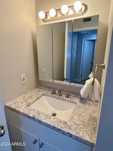 New vanity with large mirrored cabinet for storage