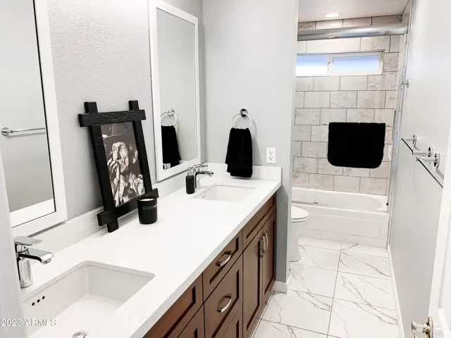 guest bathroom + dual sinks tub/shower