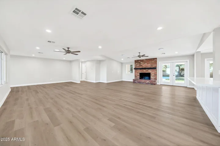 Great Room with Red Brick Fireplace