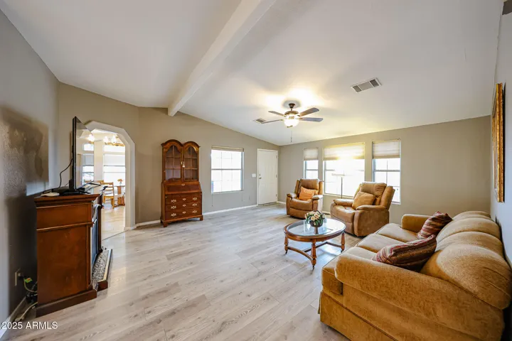 Great room-front door on right and kitchen entry left