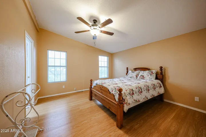 Master bedroom has vinyl plank flooring