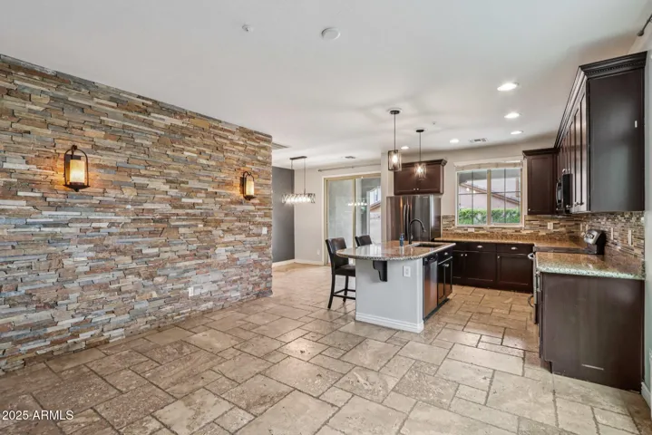 stonework and pendant lights