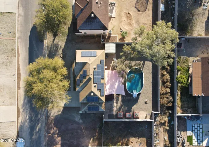Top-down view of the property’s layout and solar panel system.