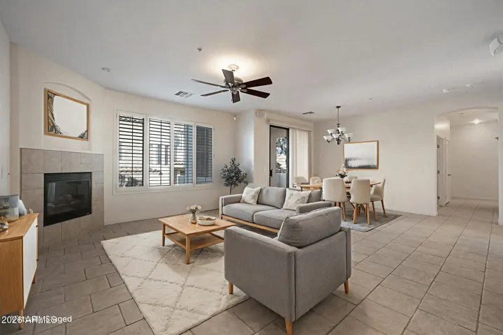 Spacious great room with gas fireplace, new paint