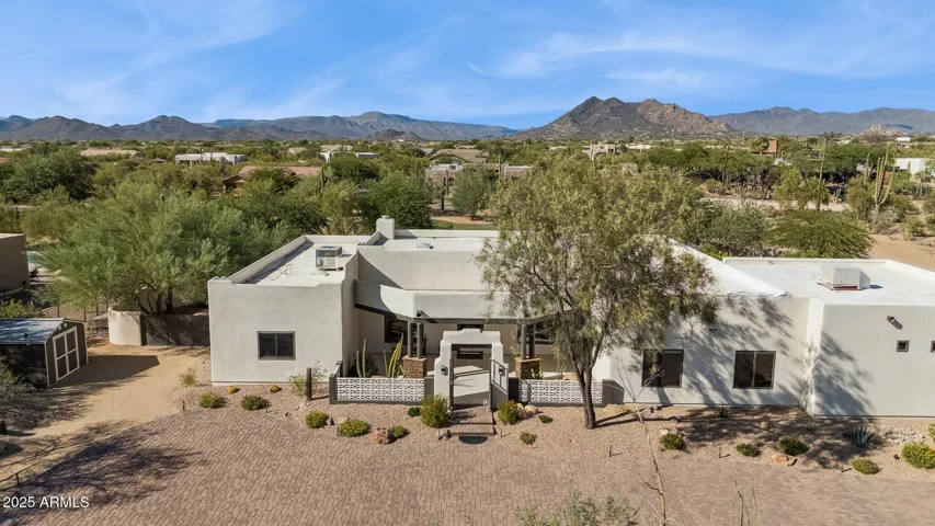 Drone view of the front of the property