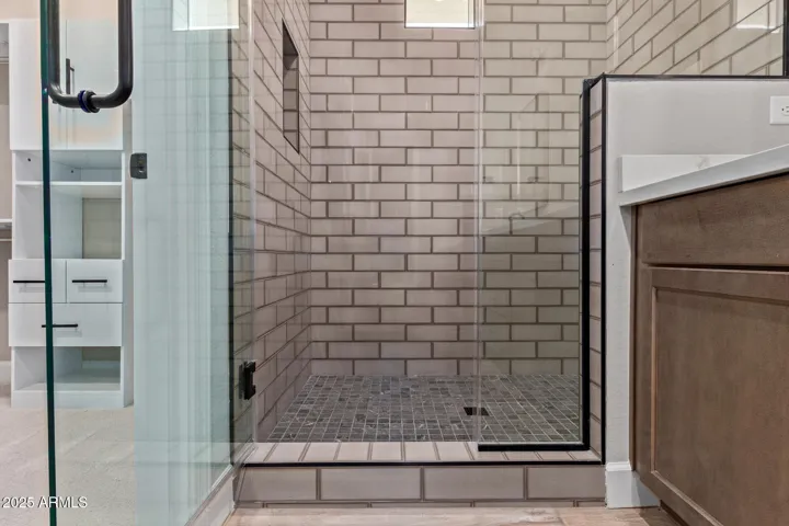 Subway Pattern Glass Tiles with Stone Floor