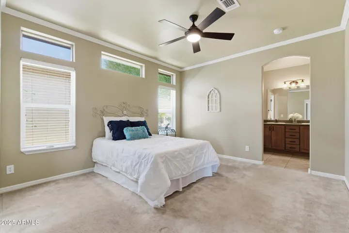 Plenty of windows with blinds inside this huge primary suite with 2-tone neutral paint, ceiling fan and Crown Molding!