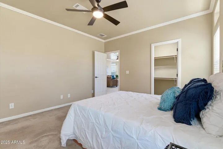 Primary suite includes a generous walk-in closet offering ample shelving and storage to keep everything neatly organized.