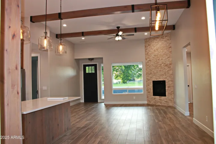 Entry, great room, fireplace
