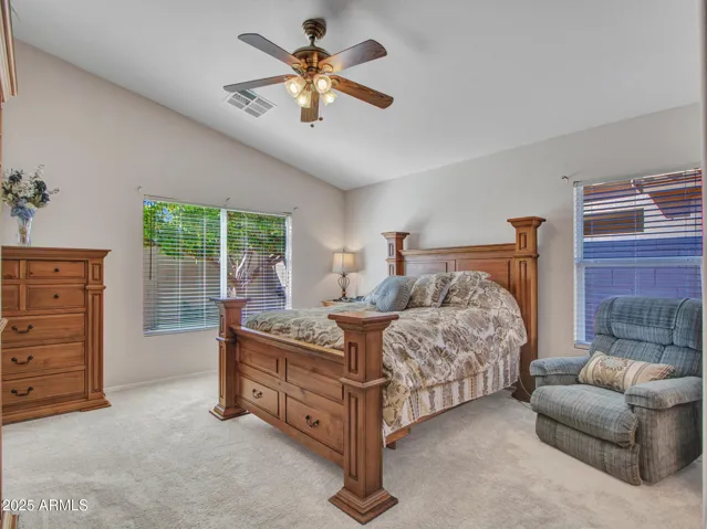 Expansive primary bedroom with plush carpet, ceiling fan, and large windows overlooking the backyard for a comfortable retreat.