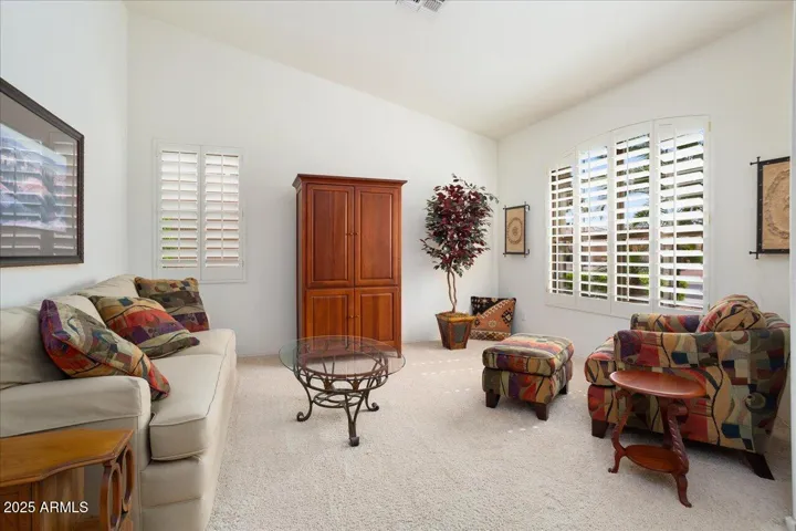 Nice windows offer soft lighting! The room has plantation shutters which flow throughout most all windows, and vaulted ceilings!