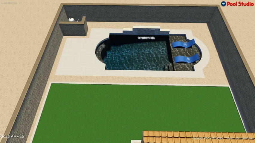 Impressive design idea for a nice size pool which showcases the generous amount of backyard space, as well as provides a great visual for the beauty of what can be designed by a buyer with great vision!