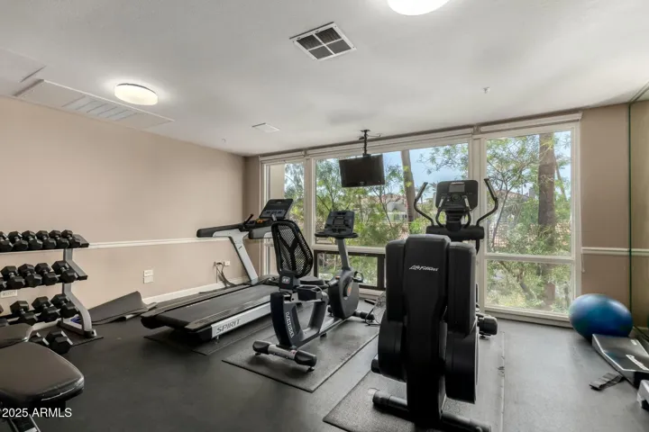 Fitness room is one of the several activity rooms on the property