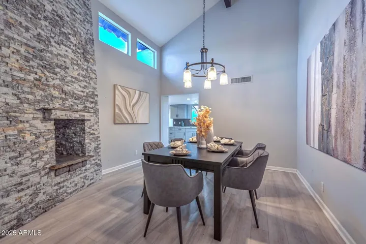 Dining room with clear story windows