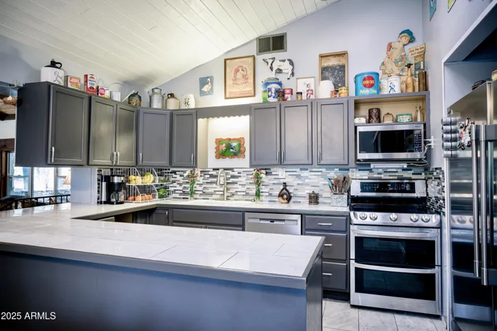 Commercial Size Refrigerator, Custom Backsplash, Non Laminate Countertops
