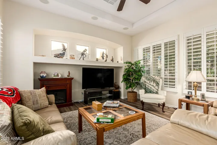 Natural Light-Filled Living Room with Inset Ceiling & Lighting, Media Niche, Shuttered Windows Overlooking Backyard Bricked Patio and Mature Landscaping