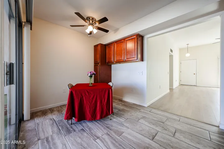 eat-in kitchen with back patio view