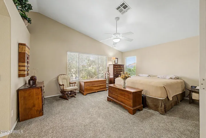 Primary Bedroom is very large with High Vaulted Ceiling