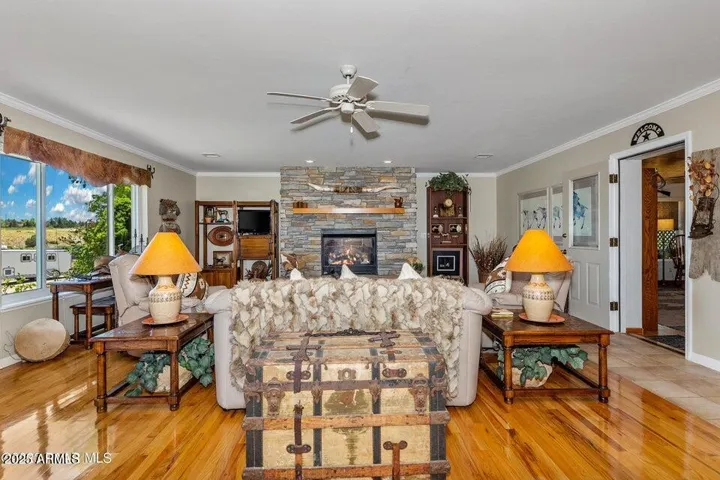 Picture perfect, with stacked stone gas fireplace.