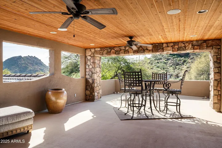 Covered patio with mountain views