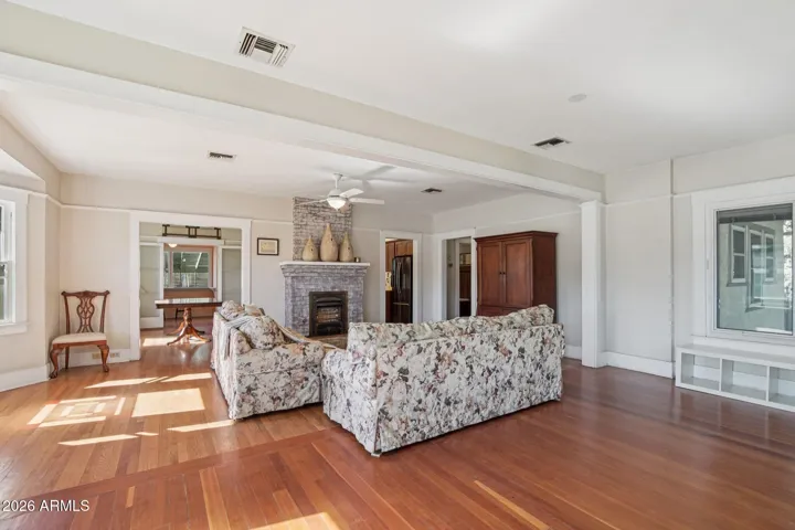 Views of the living room towards the dining and kitchen.