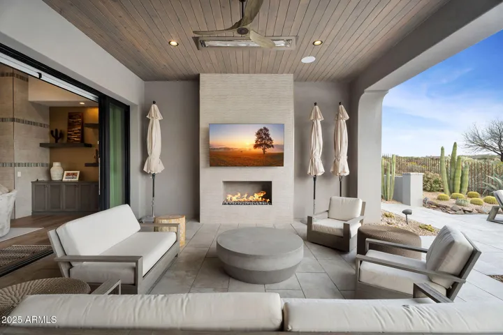 Outdoor gas fireplace.