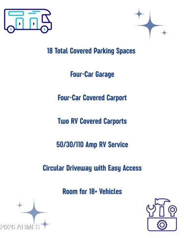Eighteen total covered parking spaces including a four-car garage, four-car carport, two RV carports with 50/30/110 amp service, and circular driveway for easy access.