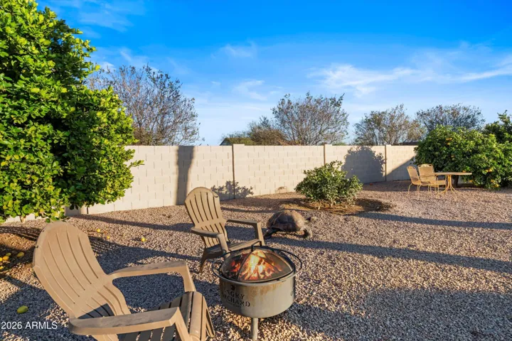 Expansive gravel yard area offering flexibility for a variety of outdoor uses. Mature citrus trees provide natural greenery, while additional butterfly bushes are located on the property beyond the rear wall. Fire pit and chairs shown do not convey.