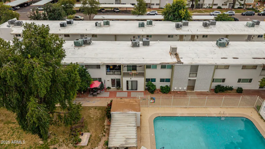 Pool drone shot of 808 bldg.