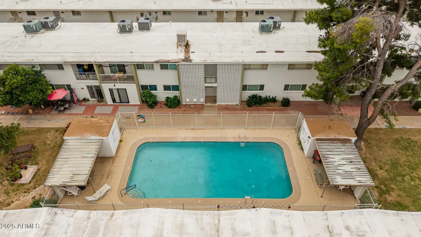 Pool drone shot of 808 Bldg.