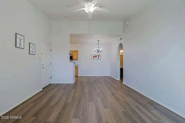 Greatroom looking from Balcony to Dining Area. Kitchen to left.