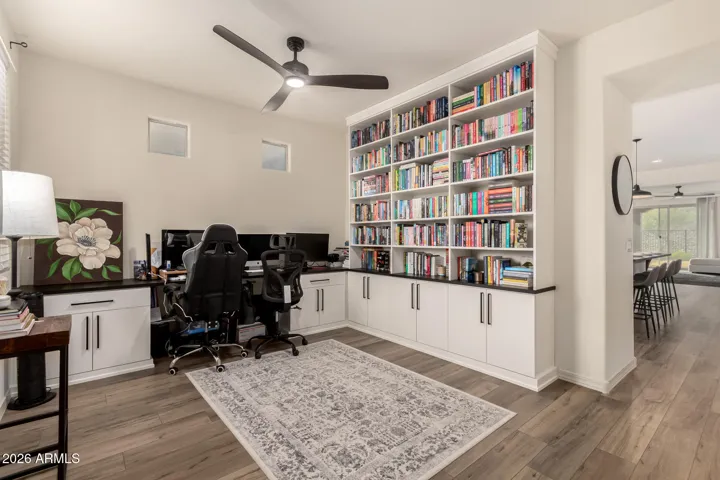 Bright home office with custom built ins.