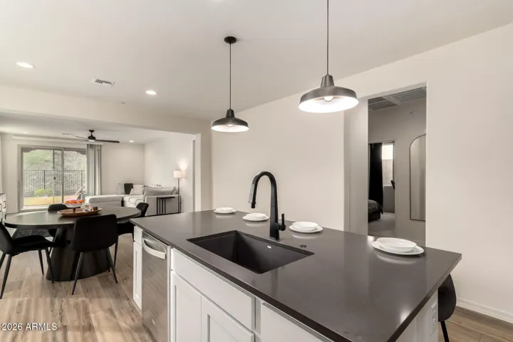 Open kitchen that leads to the living room.