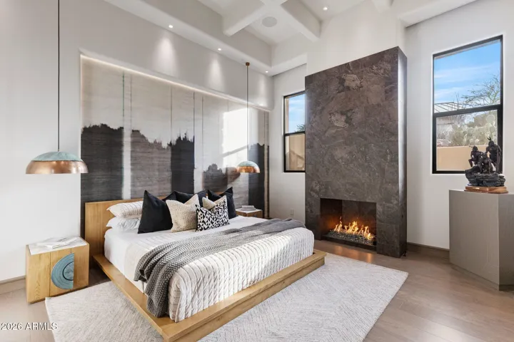Fireplace and Coffered Ceiling
