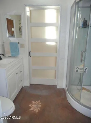 Second Bathrm - Space Saving Barn Doors w Frosted Glass Bring the Sunshine In