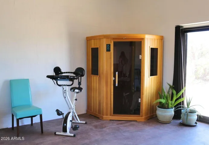 EMF-Free Infrared Sauna and Exercise Space w Patio Door to Outdoors