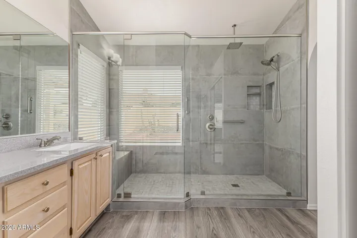 Lovely, large remodeled primary bathroom shower.