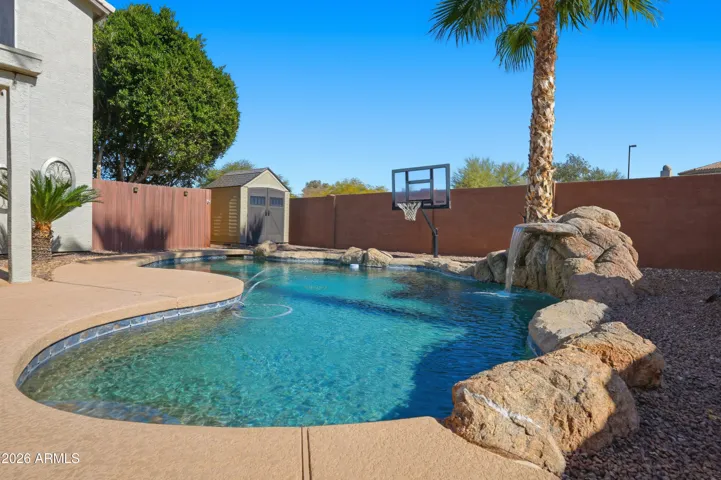 Waterfall and basketball hoop