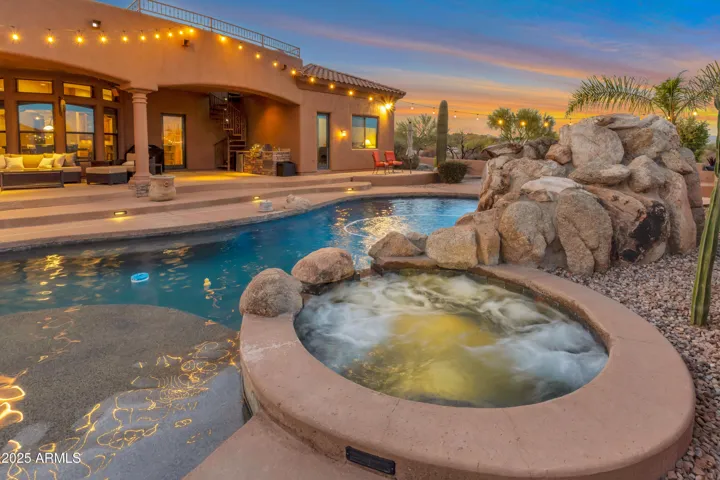 Twilight view spa, pool, patio