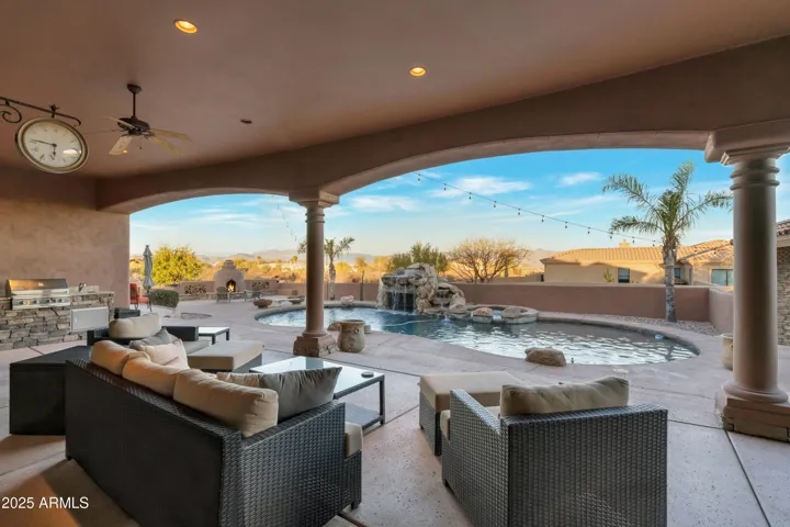 Patio overlooking pool, spa and Mountains