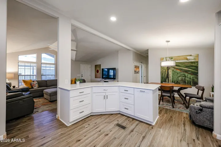 Kitchen looks into dining area