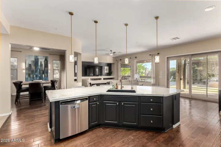 Kitchen open to dining and family rooms