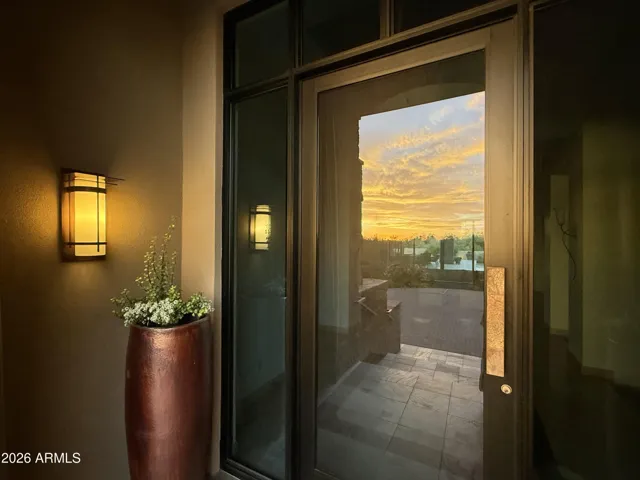 A sunset reflection on the front door