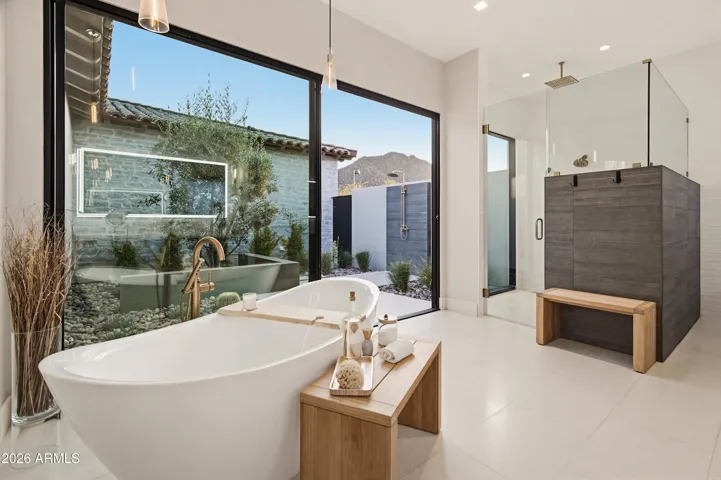 Primary bath with views of Camelback mountain