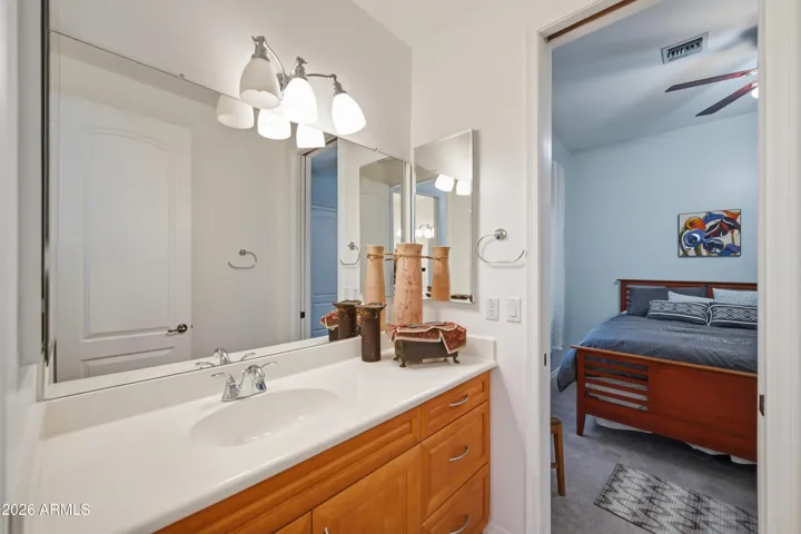 Separate vanities for each guest room.