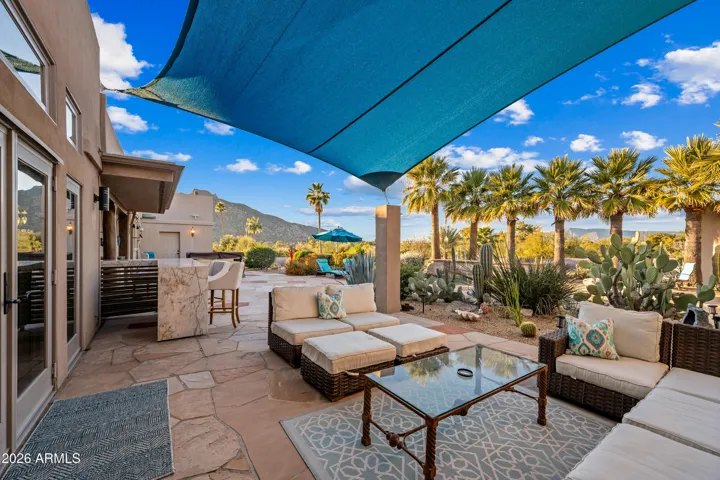 A comfortable outdoor living nook accessible to the family room