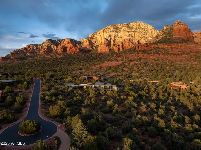 Aerial of the surrounding area just as the sun begins to set.