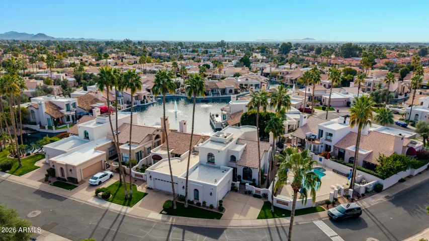 Drone view to see fountain behind home