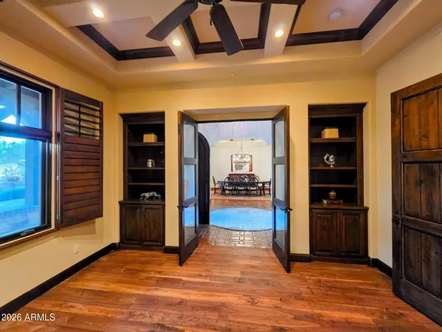 Custom Glass Double Door to Office Room: Deep Built in Book Shelves.